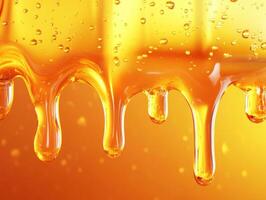 Golden honey dripping against a warm orange background photo