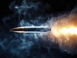 Bullet in motion with smoke and sparks during a shooting event photo