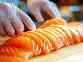 Slicing fresh salmon fillets for sushi at a restaurant kitchen photo