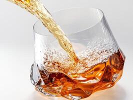 Whiskey pouring into a textured glass with bubbles photo