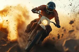 Motocross rider performing tricks in a dusty terrain at sunset photo