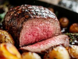 Perfectly cooked roast beef with golden potatoes and herbs photo