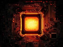 Glowing core of a computer chip illuminated in warm colors photo