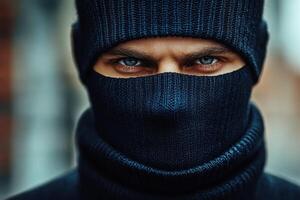 Mysterious figure wearing a dark knit mask in an urban setting photo
