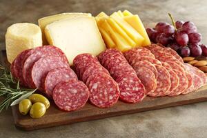 Charcuterie board with assorted meats, cheeses, and fruits displayed photo
