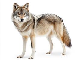Gray wolf standing elegantly against a neutral background photo