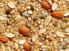 Oats mixed with various nuts and seeds for healthy snack preparation photo