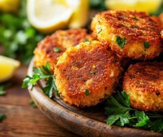 Deliciously golden brown fritters garnished with fresh herbs photo