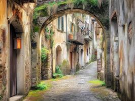 Charming alleyway in a historic village with lush greenery photo