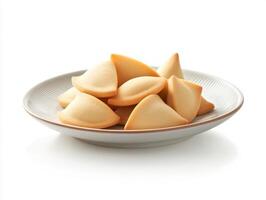 Delicious fortune cookies stacked on a plate ready to be enjoyed photo