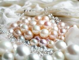 Exquisite collection of pearls and jewelry on soft fabric backdrop photo