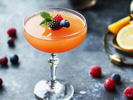 Refreshing cocktail with fresh berries and citrus slice photo