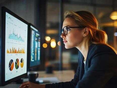 Professional woman analyzing data in modern office environment photo
