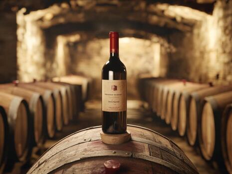 Red wine bottle resting on barrel in rustic cellar at evening photo