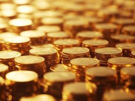 Piles of golden coins arranged in a shiny display photo