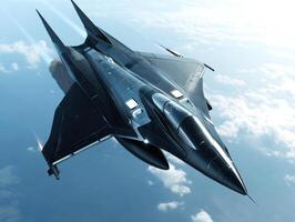 Sleek military aircraft soaring through the clouds at high altitude photo