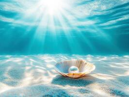 Underwater pearl resting in a shell on sandy ocean floor photo