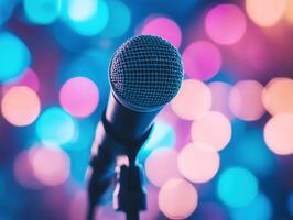 Colorful microphone ready for a performance at a lively venue photo