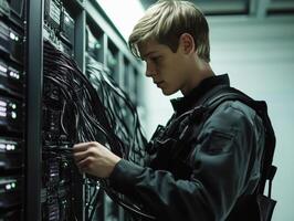 Young technician manages complex server connections in a data center photo