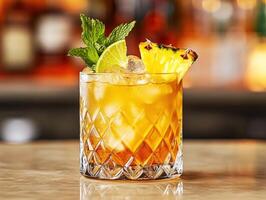 Refreshing cocktail garnished with mint and pineapple slice photo