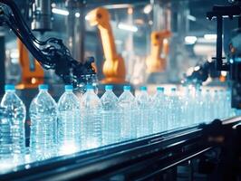 Water bottle production line with robotic technology in action photo