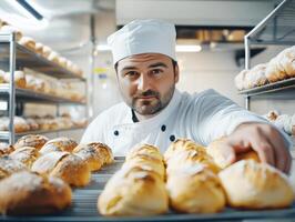 Baker showcasing freshly baked bread in a bakery kitchen photo