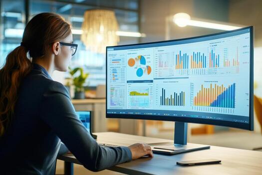 Professional woman analyzing data on a large monitor at work photo