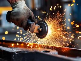 Handheld grinder creates sparks during metalworking project photo