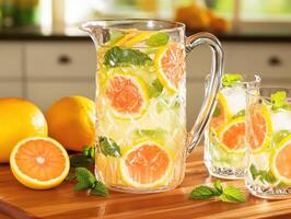 Refreshing citrus drink served in a beautiful glass pitcher photo
