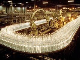 Production line of bottled water at factory during nighttime hours photo