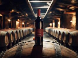 Wine bottle resting on barrel in dimly lit cellar with oak barrels photo