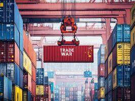 Crane lifts red trade war container in busy shipping port photo
