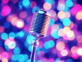 Vintage microphone shines in colorful bokeh backdrop at night photo