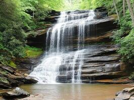 Stunning waterfall cascading over rocks in a serene forested location photo