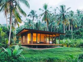 Modern wooden cabin nestled among tropical palm trees photo