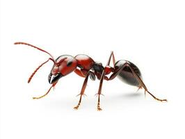 Red ant walking on a white surface in a close up shot photo