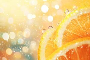 Fresh orange slices with sparkling water droplets and soft bokeh photo
