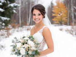 Bride smiles joyfully in winter landscape with bouquet photo