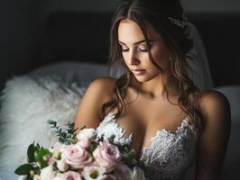 Bride in elegant gown prepares for wedding day in soft light photo