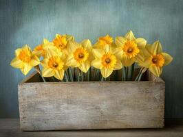 Bright yellow daffodils arranged in a rustic wooden box photo