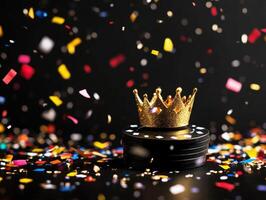 Festive crown on black poker chips surrounded by colorful confetti photo