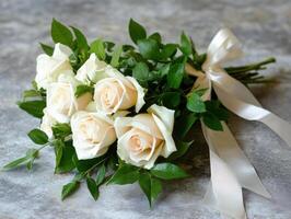 Beautiful bouquet of white roses with green leaves and ribbon photo