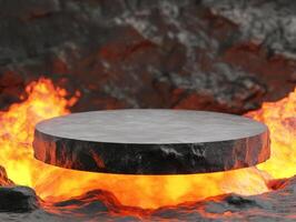 Lava surrounds a floating black stone platform above fiery molten rock photo