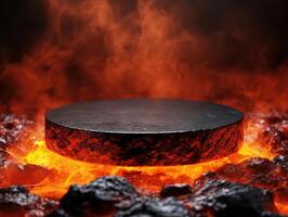 Molten rock surrounding a circular stone in a fiery landscape photo