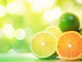 Fresh citrus fruits stacked on a green background in sunlight photo
