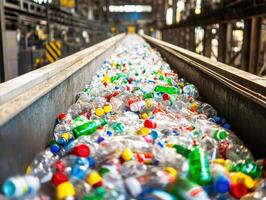 Plastic bottles transported on conveyor belt in recycling facility photo