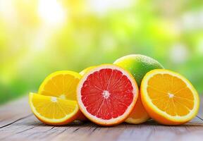 Citrus fruits arranged on a wooden table in a fresh setting photo