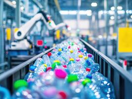 Recycling facility processing plastic bottles with automated machinery photo