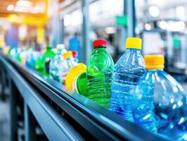 Recycling process at a modern facility with plastic bottles photo