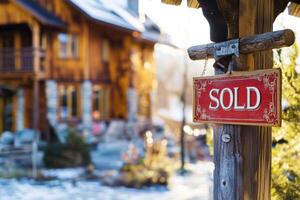 Real estate sign indicates property is sold in mountain chalet area photo